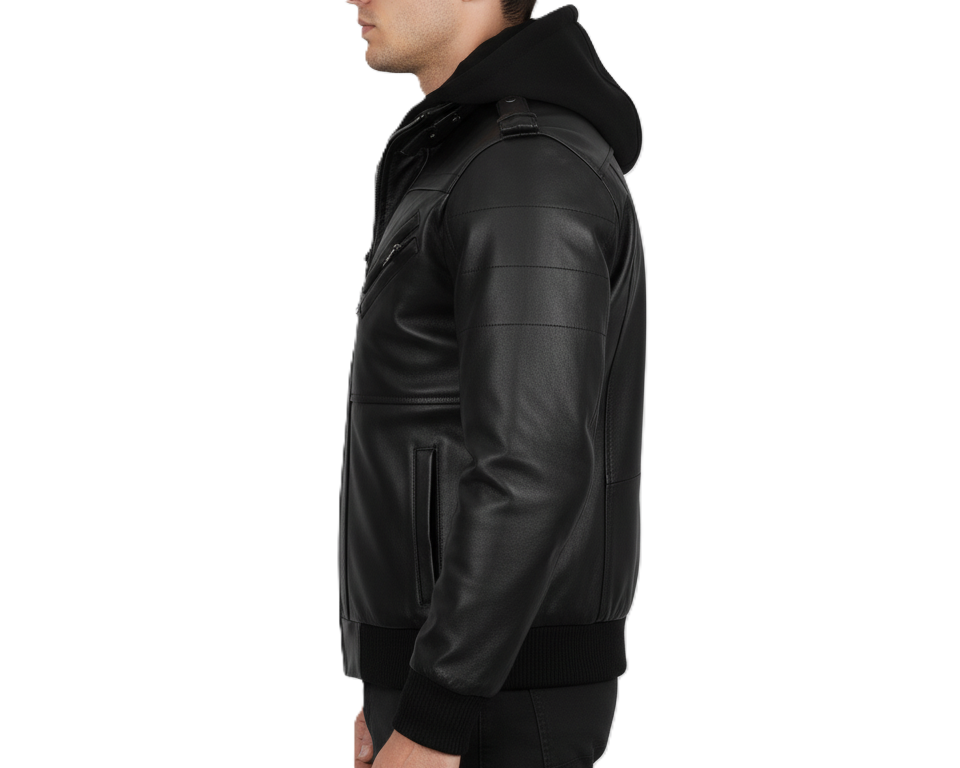 Men’s Black Leather Jacket with Removable Hoodie – Premium Lambskin Motorcycle Jacket for Winter, Streetwear Fashion, Biker Style Outerwear for Men with Multiple Zipper Pockets, Ribbed Cuffs, Warm Inner Lining, and Modern Slim-Fit Design – Best Men’s Leather Jacket 2026 for US UK Global Fashion."