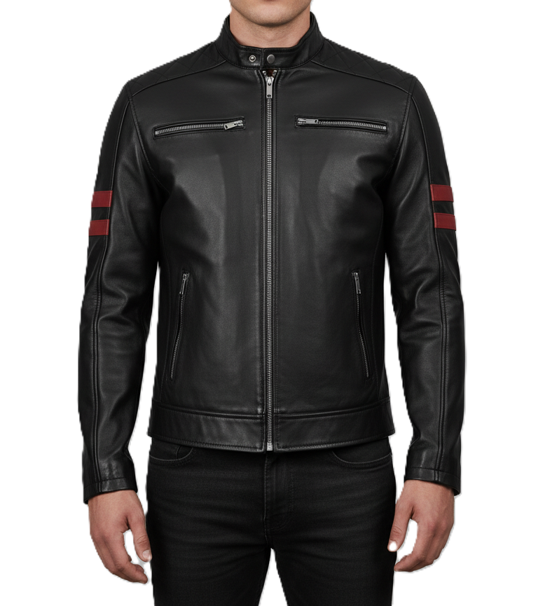 Leathino men’s black genuine leather jacket with red sleeve stripes and stand collar
Black cafe racer leather jacket with front zipper and chest pockets by Leathino
Men’s premium black leather biker jacket with snap-tab collar and sleek stitching
Red striped sleeve design on black real leather jacket—Leathino menswear