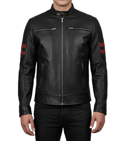 Leathino men’s black genuine leather jacket with red sleeve stripes and stand collar
Black cafe racer leather jacket with front zipper and chest pockets by Leathino
Men’s premium black leather biker jacket with snap-tab collar and sleek stitching
Red striped sleeve design on black real leather jacket—Leathino menswear