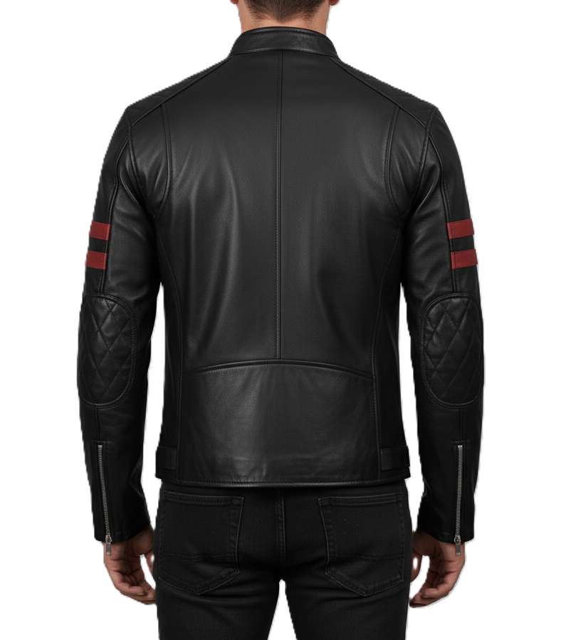 Leathino men’s black genuine leather jacket with red sleeve stripes and stand collar
Black cafe racer leather jacket with front zipper and chest pockets by Leathino
Men’s premium black leather biker jacket with snap-tab collar and sleek stitching
Red striped sleeve design on black real leather jacket—Leathino menswear
