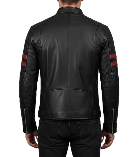 Leathino men’s black genuine leather jacket with red sleeve stripes and stand collar
Black cafe racer leather jacket with front zipper and chest pockets by Leathino
Men’s premium black leather biker jacket with snap-tab collar and sleek stitching
Red striped sleeve design on black real leather jacket—Leathino menswear