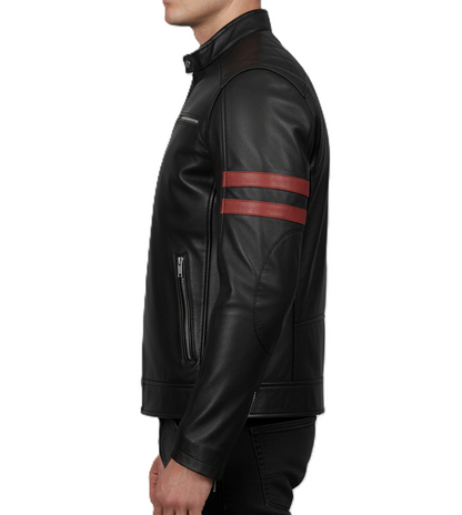Leathino men’s black genuine leather jacket with red sleeve stripes and stand collar
Black cafe racer leather jacket with front zipper and chest pockets by Leathino
Men’s premium black leather biker jacket with snap-tab collar and sleek stitching
Red striped sleeve design on black real leather jacket—Leathino menswear
