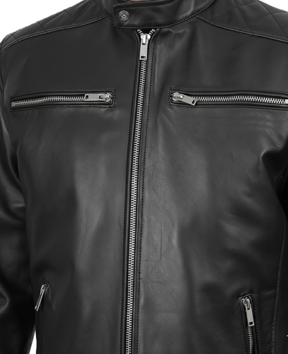 Leathino men’s black genuine leather jacket with red sleeve stripes and stand collar
Black cafe racer leather jacket with front zipper and chest pockets by Leathino
Men’s premium black leather biker jacket with snap-tab collar and sleek stitching
Red striped sleeve design on black real leather jacket—Leathino menswear