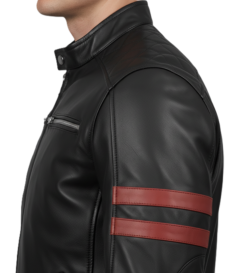 Leathino men’s black genuine leather jacket with red sleeve stripes and stand collar
Black cafe racer leather jacket with front zipper and chest pockets by Leathino
Men’s premium black leather biker jacket with snap-tab collar and sleek stitching
Red striped sleeve design on black real leather jacket—Leathino menswear