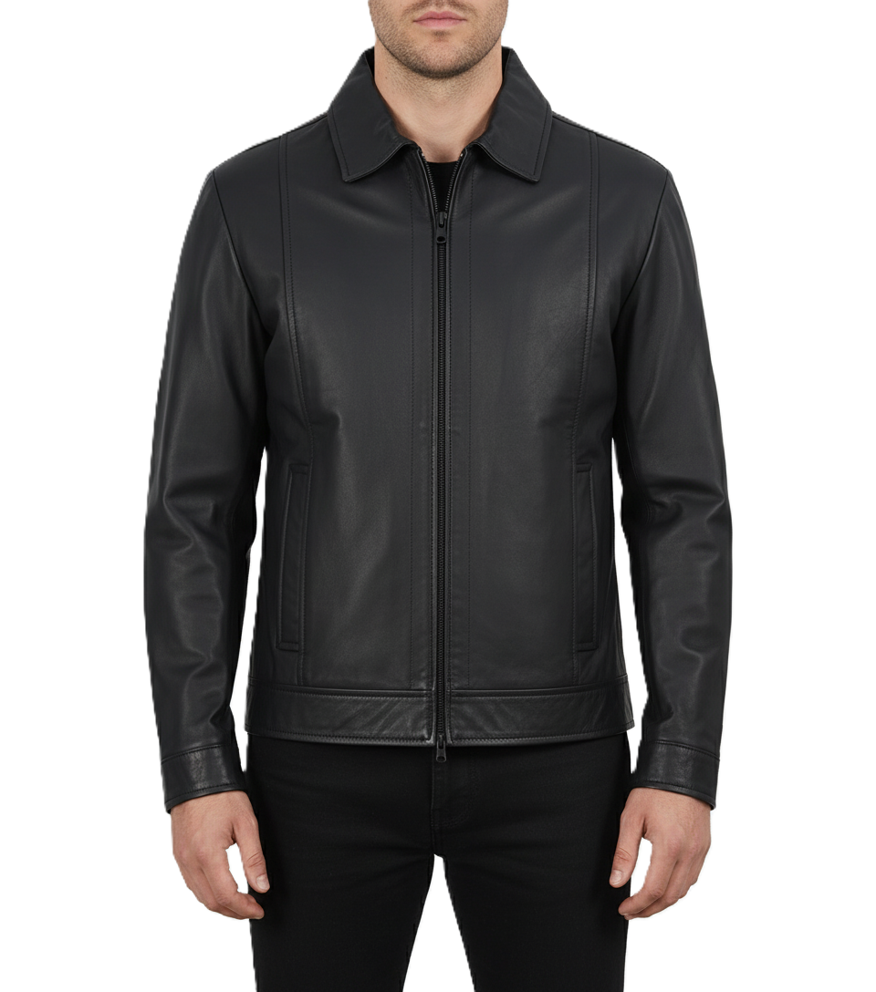 Leathino men’s black genuine leather jacket with classic shirt collar and smooth matte finish
Black straight-zip leather jacket for men with clean design and premium stitching by Leathino
Minimalist genuine leather men’s jacket featuring a structured collar and tailored fit