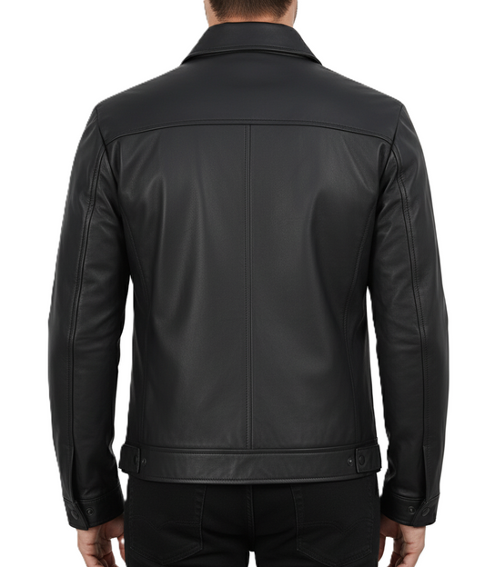 Leathino men’s black genuine leather jacket with classic shirt collar and smooth matte finish
Black straight-zip leather jacket for men with clean design and premium stitching by Leathino
Minimalist genuine leather men’s jacket featuring a structured collar and tailored fit