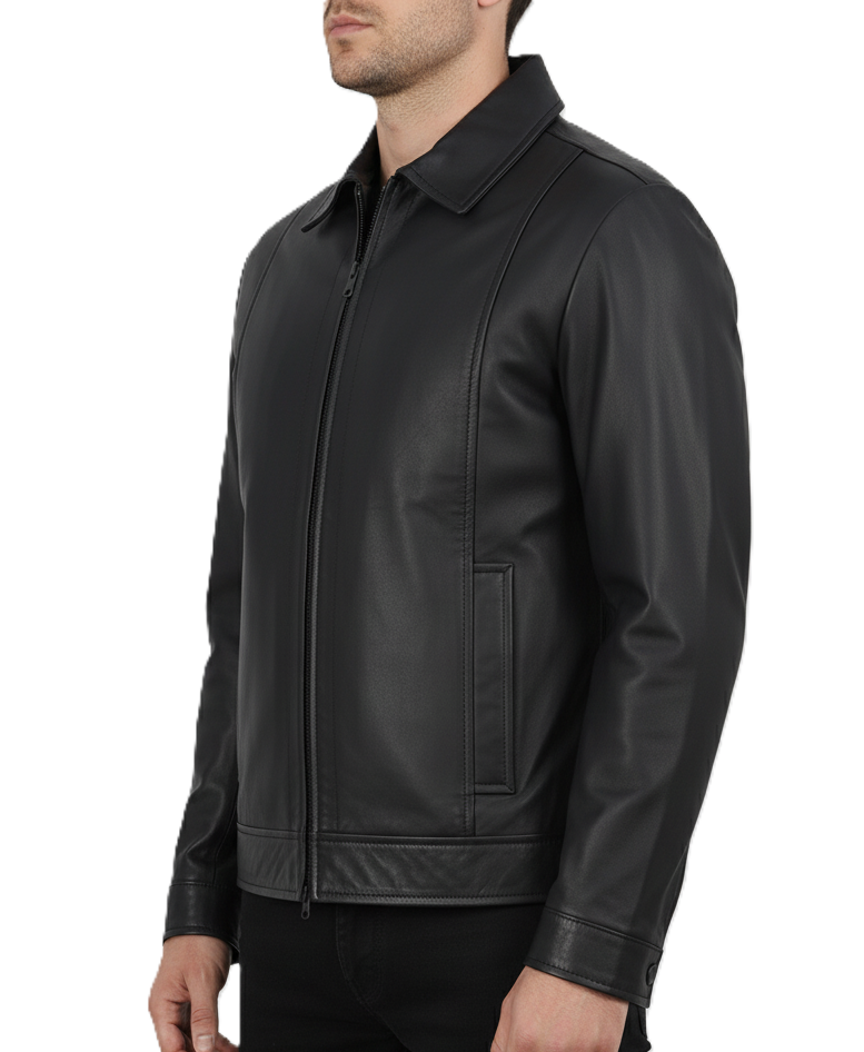 Leathino men’s black genuine leather jacket with classic shirt collar and smooth matte finish
Black straight-zip leather jacket for men with clean design and premium stitching by Leathino
Minimalist genuine leather men’s jacket featuring a structured collar and tailored fit