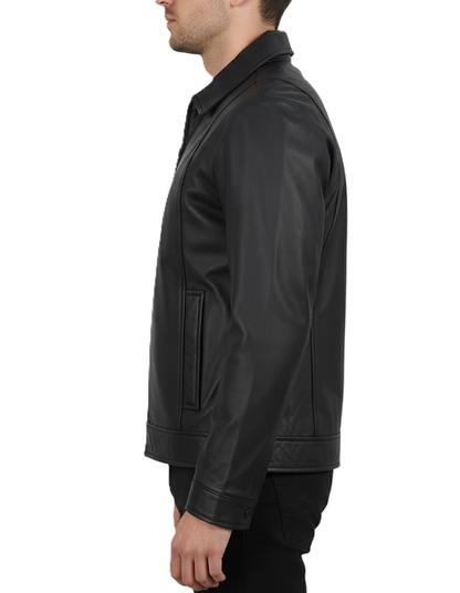 Leathino men’s black genuine leather jacket with classic shirt collar and smooth matte finish
Black straight-zip leather jacket for men with clean design and premium stitching by Leathino
Minimalist genuine leather men’s jacket featuring a structured collar and tailored fit