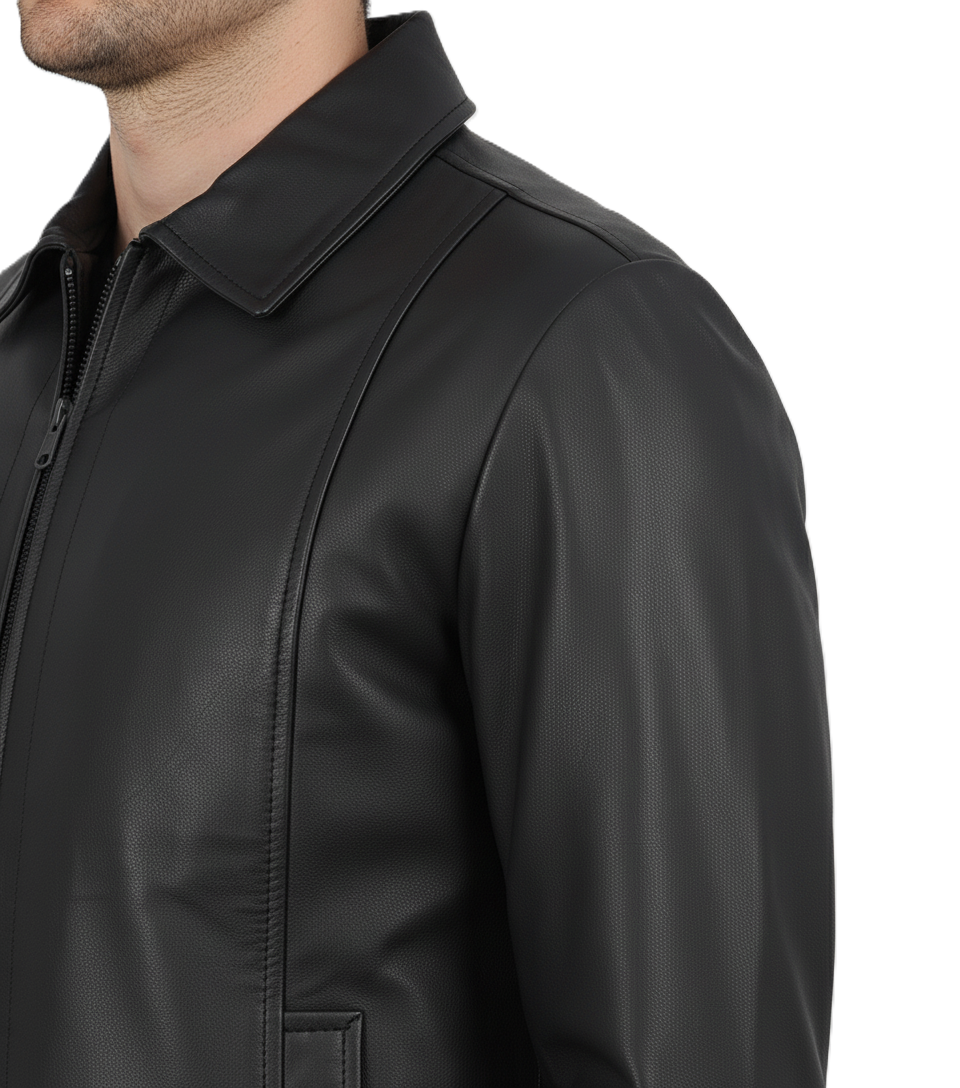 Leathino men’s black genuine leather jacket with classic shirt collar and smooth matte finish
Black straight-zip leather jacket for men with clean design and premium stitching by Leathino
Minimalist genuine leather men’s jacket featuring a structured collar and tailored fit