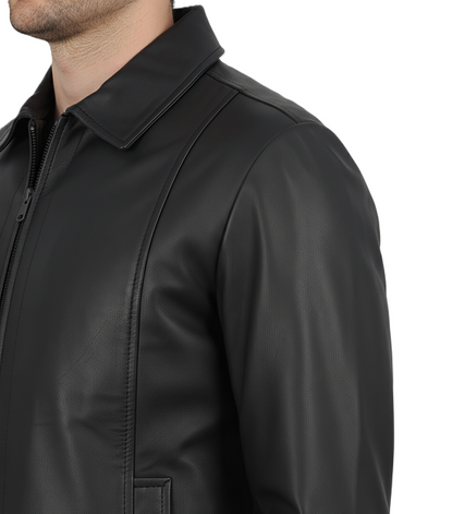 Leathino men’s black genuine leather jacket with classic shirt collar and smooth matte finish
Black straight-zip leather jacket for men with clean design and premium stitching by Leathino
Minimalist genuine leather men’s jacket featuring a structured collar and tailored fit