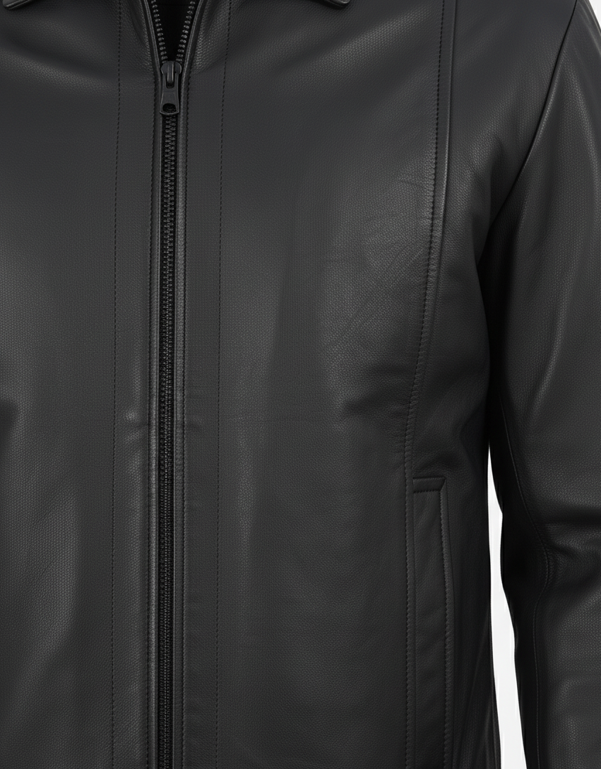 Leathino men’s black genuine leather jacket with classic shirt collar and smooth matte finish
Black straight-zip leather jacket for men with clean design and premium stitching by Leathino
Minimalist genuine leather men’s jacket featuring a structured collar and tailored fit