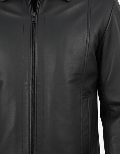 Leathino men’s black genuine leather jacket with classic shirt collar and smooth matte finish
Black straight-zip leather jacket for men with clean design and premium stitching by Leathino
Minimalist genuine leather men’s jacket featuring a structured collar and tailored fit