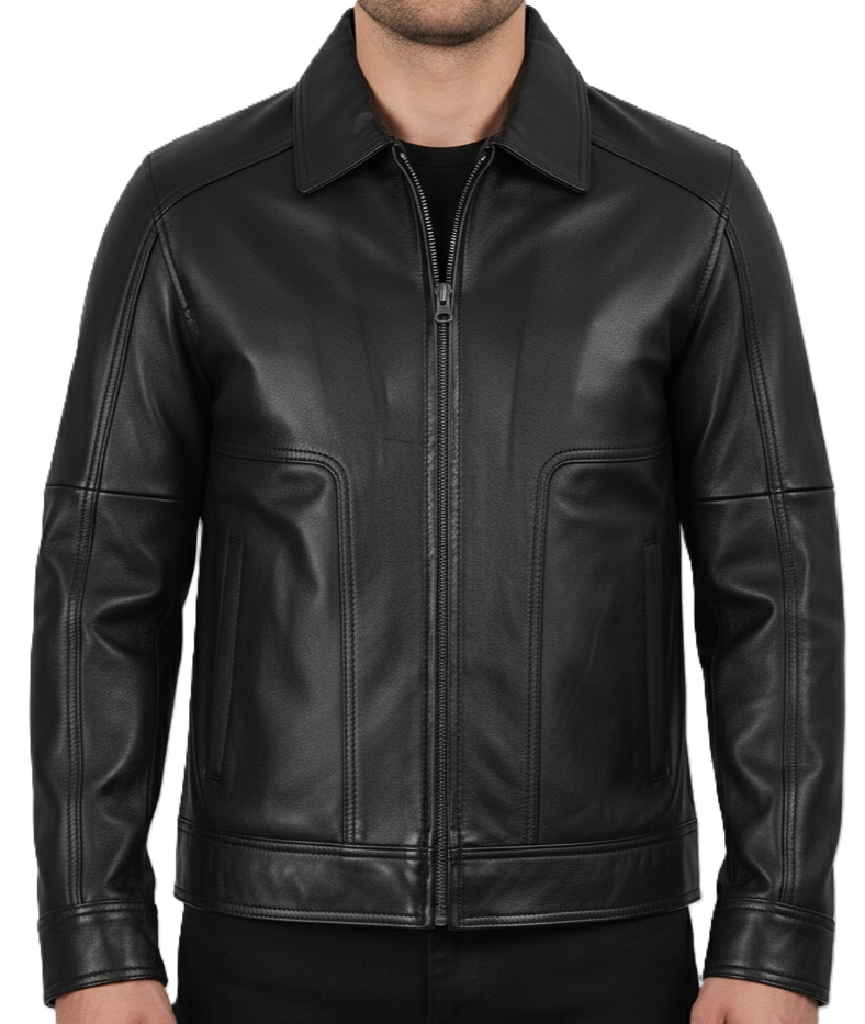 Leathino men’s black genuine leather jacket with classic collar and front zipper
Premium real leather jacket for men in smooth black texture with detailed stitching”
Men’s classic black leather outerwear with side pockets and full-zip closure by Leathino
High-quality genuine leather jacket featuring minimalist design and tailored fit