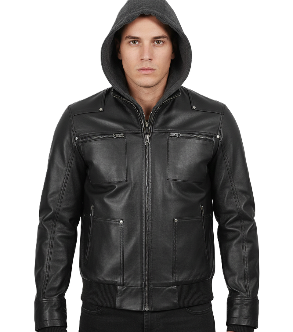 Leathino black genuine leather jacket with detachable grey hood for men
Men’s removable hood black leather jacket with metal zippers
Premium cowhide leather jacket with ribbed cuffs and four pockets
Front view of men’s black leather hooded bomber-biker jacket
Leathino men’s leather jacket with removable hood and smooth finish