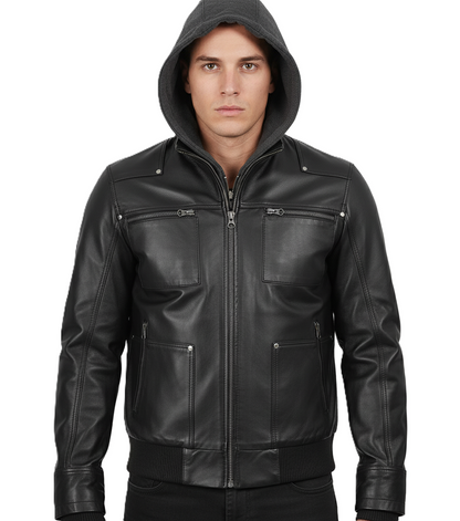 Leathino black genuine leather jacket with detachable grey hood for men
Men’s removable hood black leather jacket with metal zippers
Premium cowhide leather jacket with ribbed cuffs and four pockets
Front view of men’s black leather hooded bomber-biker jacket
Leathino men’s leather jacket with removable hood and smooth finish