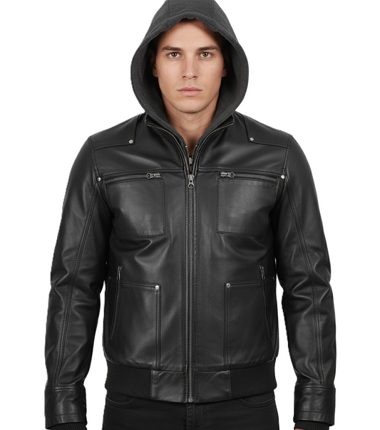 Leathino black genuine leather jacket with detachable grey hood for men
Men’s removable hood black leather jacket with metal zippers
Premium cowhide leather jacket with ribbed cuffs and four pockets
Front view of men’s black leather hooded bomber-biker jacket
Leathino men’s leather jacket with removable hood and smooth finish