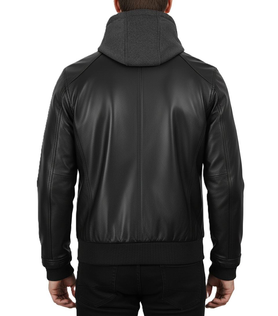 Leathino black genuine leather jacket with detachable grey hood for men
Men’s removable hood black leather jacket with metal zippers
Premium cowhide leather jacket with ribbed cuffs and four pockets
Front view of men’s black leather hooded bomber-biker jacket
Leathino men’s leather jacket with removable hood and smooth finish