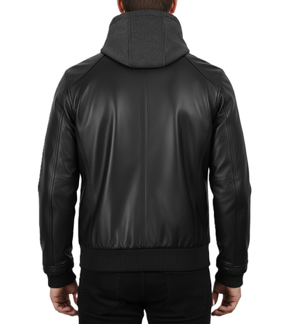Leathino black genuine leather jacket with detachable grey hood for men
Men’s removable hood black leather jacket with metal zippers
Premium cowhide leather jacket with ribbed cuffs and four pockets
Front view of men’s black leather hooded bomber-biker jacket
Leathino men’s leather jacket with removable hood and smooth finish