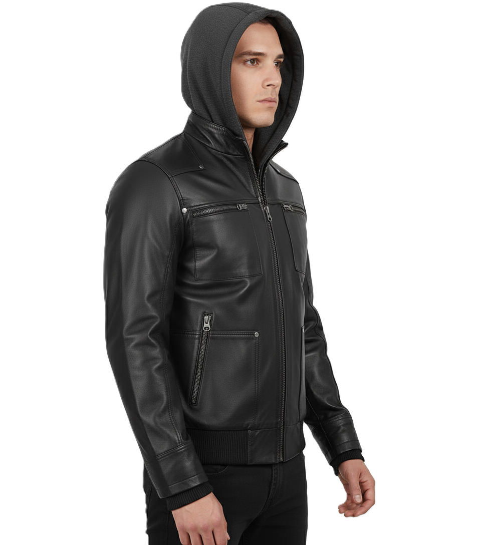 Leathino black genuine leather jacket with detachable grey hood for men
Men’s removable hood black leather jacket with metal zippers
Premium cowhide leather jacket with ribbed cuffs and four pockets
Front view of men’s black leather hooded bomber-biker jacket
Leathino men’s leather jacket with removable hood and smooth finish