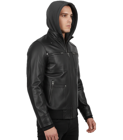 Leathino black genuine leather jacket with detachable grey hood for men
Men’s removable hood black leather jacket with metal zippers
Premium cowhide leather jacket with ribbed cuffs and four pockets
Front view of men’s black leather hooded bomber-biker jacket
Leathino men’s leather jacket with removable hood and smooth finish