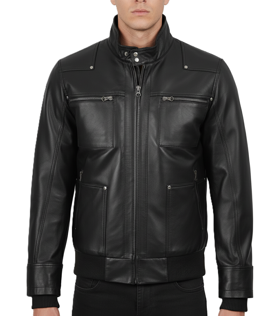 Leathino black genuine leather jacket with detachable grey hood for men
Men’s removable hood black leather jacket with metal zippers
Premium cowhide leather jacket with ribbed cuffs and four pockets
Front view of men’s black leather hooded bomber-biker jacket
Leathino men’s leather jacket with removable hood and smooth finish