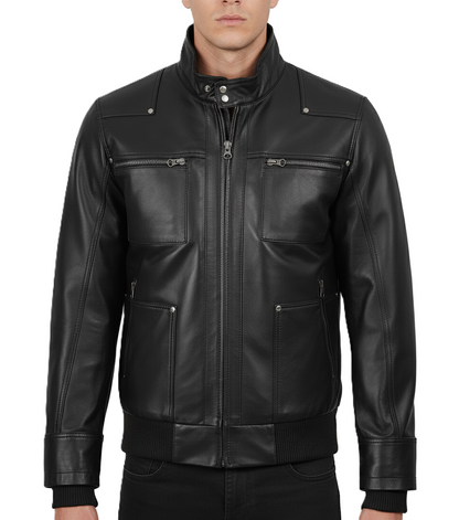 Leathino black genuine leather jacket with detachable grey hood for men
Men’s removable hood black leather jacket with metal zippers
Premium cowhide leather jacket with ribbed cuffs and four pockets
Front view of men’s black leather hooded bomber-biker jacket
Leathino men’s leather jacket with removable hood and smooth finish