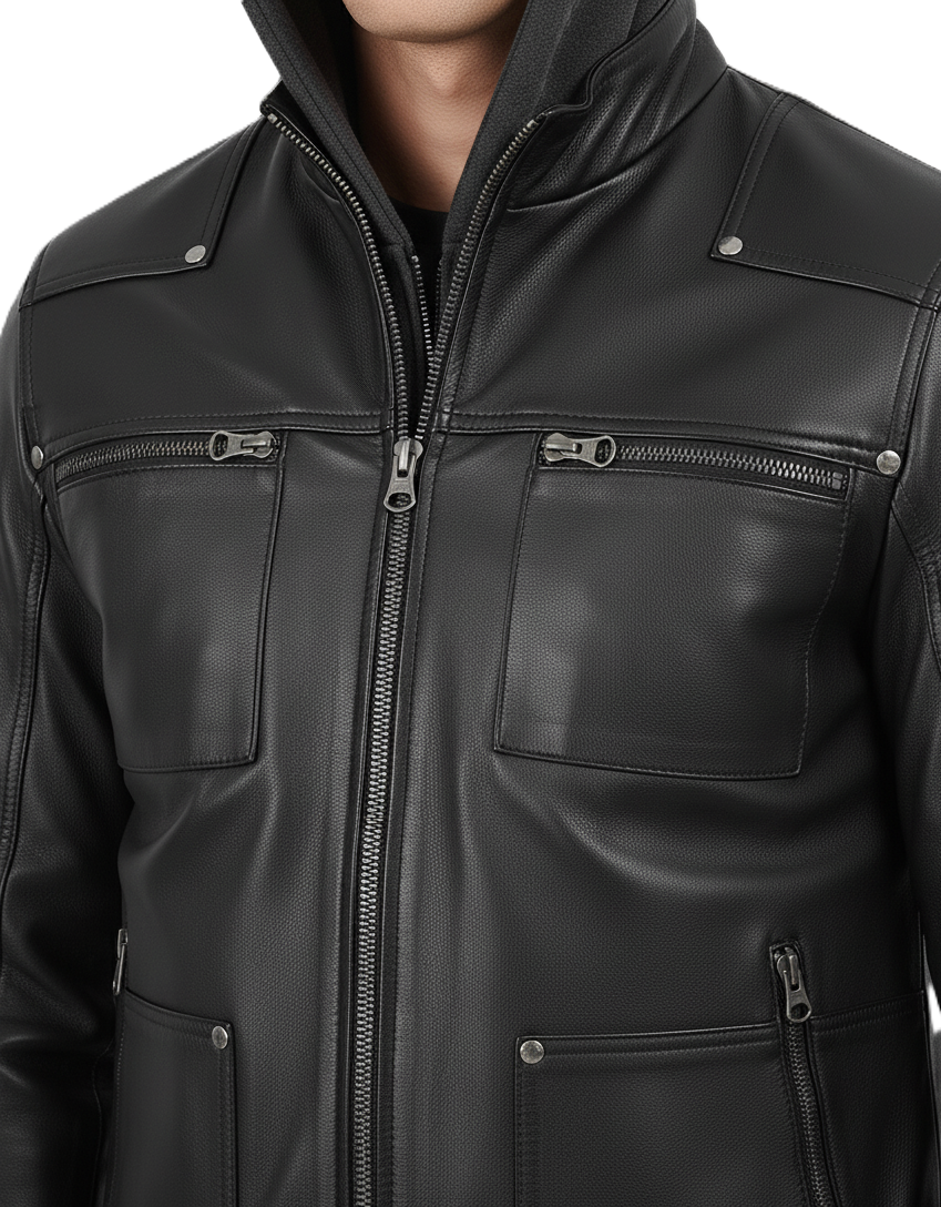 Leathino black genuine leather jacket with detachable grey hood for men
Men’s removable hood black leather jacket with metal zippers
Premium cowhide leather jacket with ribbed cuffs and four pockets
Front view of men’s black leather hooded bomber-biker jacket
Leathino men’s leather jacket with removable hood and smooth finish
