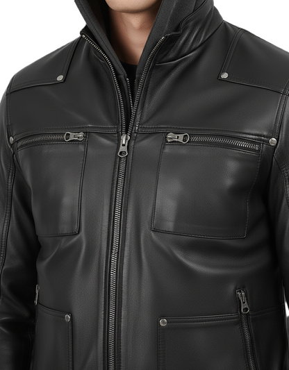 Leathino black genuine leather jacket with detachable grey hood for men
Men’s removable hood black leather jacket with metal zippers
Premium cowhide leather jacket with ribbed cuffs and four pockets
Front view of men’s black leather hooded bomber-biker jacket
Leathino men’s leather jacket with removable hood and smooth finish