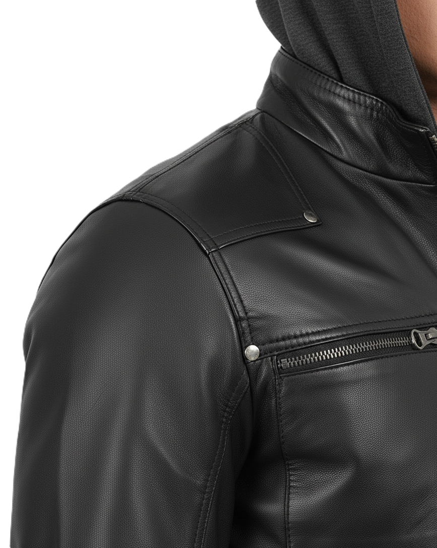 Leathino black genuine leather jacket with detachable grey hood for men
Men’s removable hood black leather jacket with metal zippers
Premium cowhide leather jacket with ribbed cuffs and four pockets
Front view of men’s black leather hooded bomber-biker jacket
Leathino men’s leather jacket with removable hood and smooth finish