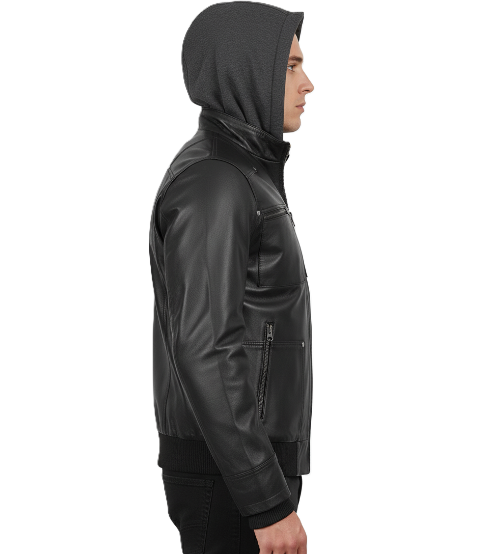 Leathino black genuine leather jacket with detachable grey hood for men
Men’s removable hood black leather jacket with metal zippers
Premium cowhide leather jacket with ribbed cuffs and four pockets
Front view of men’s black leather hooded bomber-biker jacket
Leathino men’s leather jacket with removable hood and smooth finish