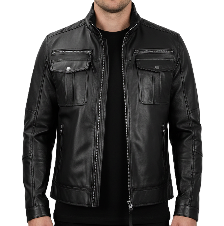 Black genuine leather jacket with snap-button flap pockets and modern moto design