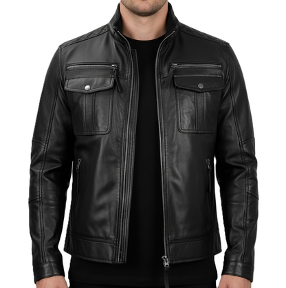 Black genuine leather jacket with snap-button flap pockets and modern moto design