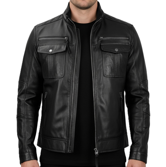 Black genuine leather jacket with snap-button flap pockets and modern moto design