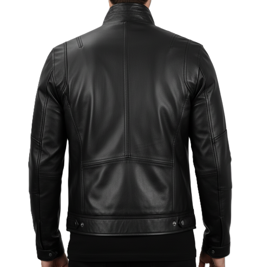 Black genuine leather jacket with snap-button flap pockets and modern moto design