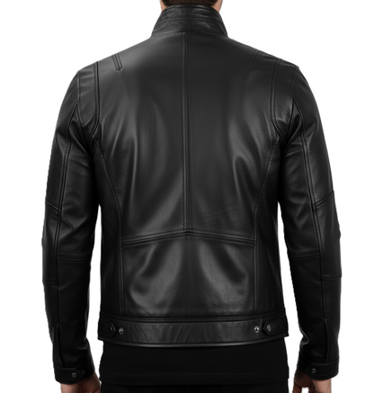 Black genuine leather jacket with snap-button flap pockets and modern moto design