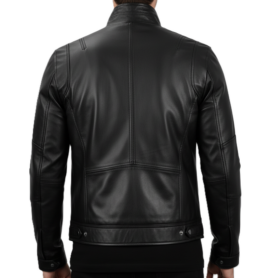 Black genuine leather jacket with snap-button flap pockets and modern moto design