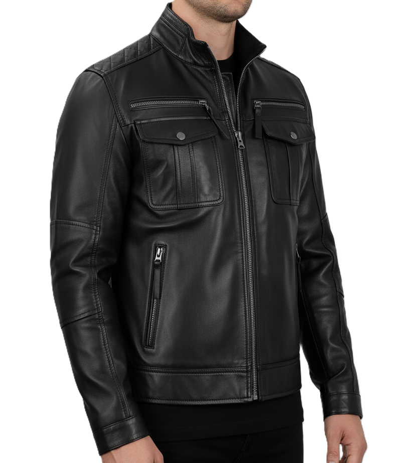 Black genuine leather jacket with snap-button flap pockets and modern moto design