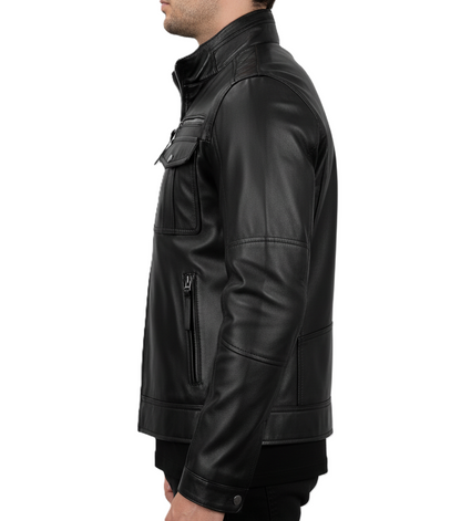Black genuine leather jacket with snap-button flap pockets and modern moto design