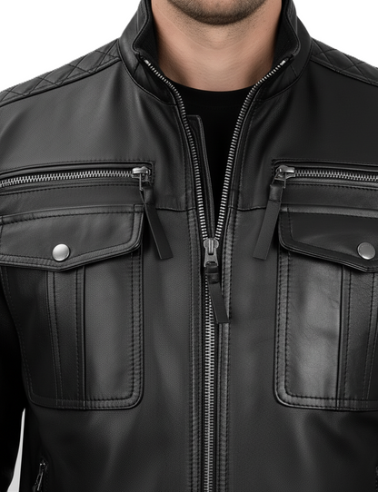 Black genuine leather jacket with snap-button flap pockets and modern moto design
