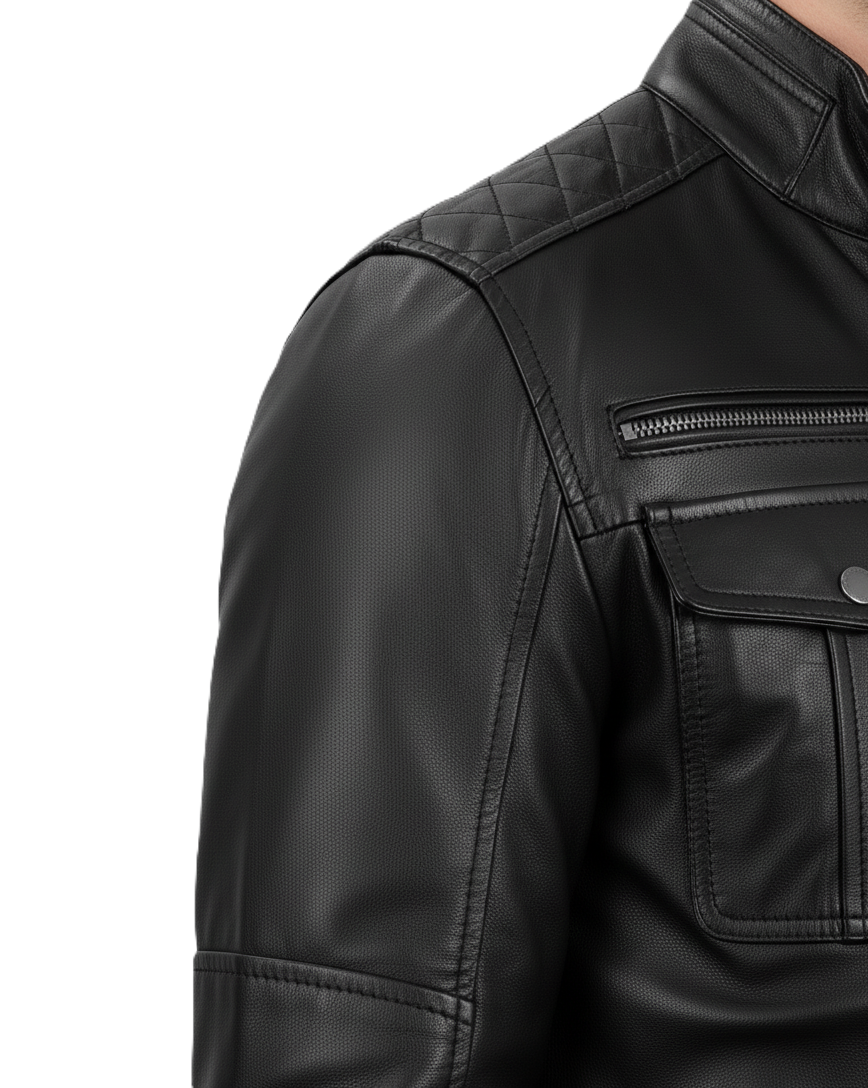 Black genuine leather jacket with snap-button flap pockets and modern moto design