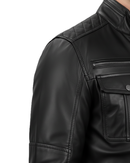 Black genuine leather jacket with snap-button flap pockets and modern moto design