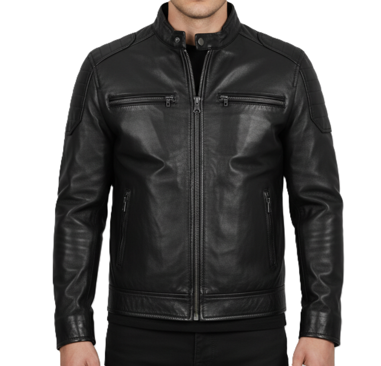 Leathino men’s black genuine leather racer jacket with snap collar and YKK zippers
Black full-grain leather men’s moto jacket with padded shoulders and zip pockets
Premium men’s black leather jacket with stand collar and sleek minimalist design
Men’s black café racer leather jacket with smooth finish and reinforced stitching.