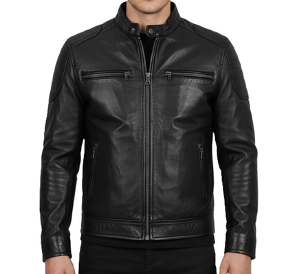 Leathino men’s black genuine leather racer jacket with snap collar and YKK zippers
Black full-grain leather men’s moto jacket with padded shoulders and zip pockets
Premium men’s black leather jacket with stand collar and sleek minimalist design
Men’s black café racer leather jacket with smooth finish and reinforced stitching.