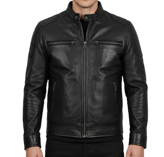 Leathino men’s black genuine leather racer jacket with snap collar and YKK zippers
Black full-grain leather men’s moto jacket with padded shoulders and zip pockets
Premium men’s black leather jacket with stand collar and sleek minimalist design
Men’s black café racer leather jacket with smooth finish and reinforced stitching.