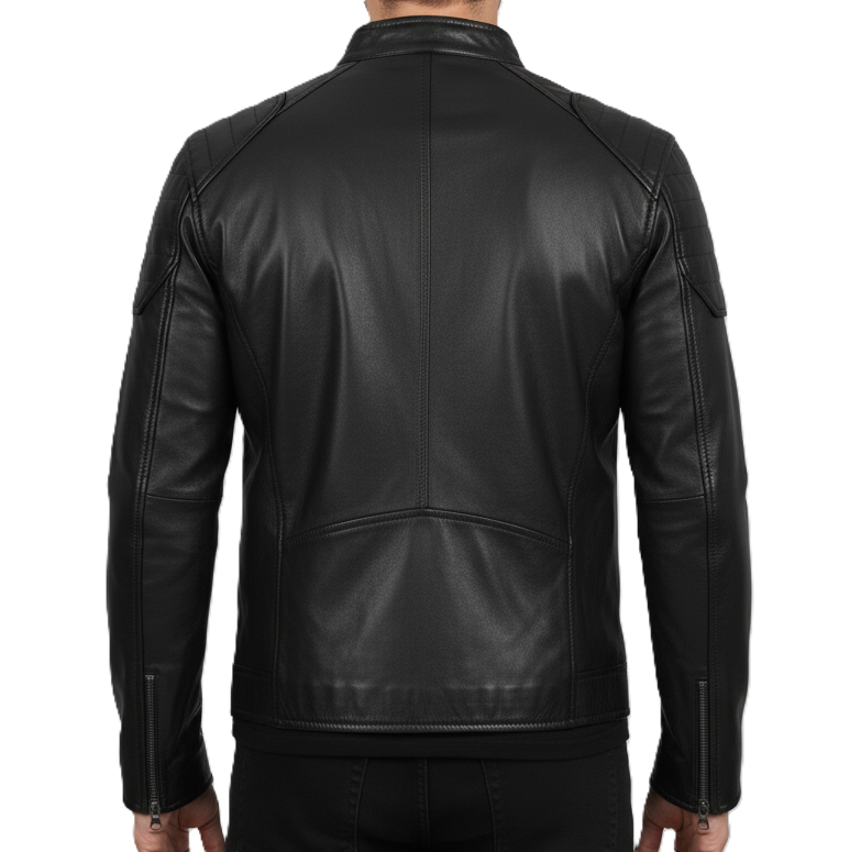Leathino men’s black genuine leather racer jacket with snap collar and YKK zippers
Black full-grain leather men’s moto jacket with padded shoulders and zip pockets
Premium men’s black leather jacket with stand collar and sleek minimalist design
Men’s black café racer leather jacket with smooth finish and reinforced stitching.