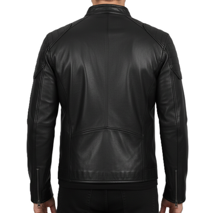 Leathino men’s black genuine leather racer jacket with snap collar and YKK zippers
Black full-grain leather men’s moto jacket with padded shoulders and zip pockets
Premium men’s black leather jacket with stand collar and sleek minimalist design
Men’s black café racer leather jacket with smooth finish and reinforced stitching.