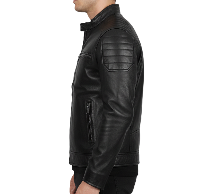 Leathino men’s black genuine leather racer jacket with snap collar and YKK zippers
Black full-grain leather men’s moto jacket with padded shoulders and zip pockets
Premium men’s black leather jacket with stand collar and sleek minimalist design
Men’s black café racer leather jacket with smooth finish and reinforced stitching.