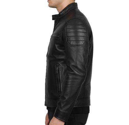 Leathino men’s black genuine leather racer jacket with snap collar and YKK zippers
Black full-grain leather men’s moto jacket with padded shoulders and zip pockets
Premium men’s black leather jacket with stand collar and sleek minimalist design
Men’s black café racer leather jacket with smooth finish and reinforced stitching.