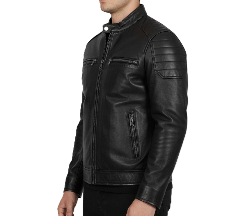 Leathino men’s black genuine leather racer jacket with snap collar and YKK zippers
Black full-grain leather men’s moto jacket with padded shoulders and zip pockets
Premium men’s black leather jacket with stand collar and sleek minimalist design
Men’s black café racer leather jacket with smooth finish and reinforced stitching.