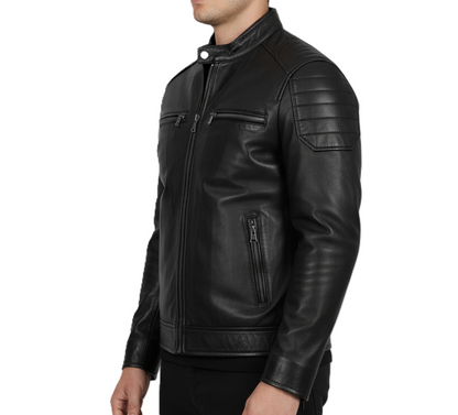 Leathino men’s black genuine leather racer jacket with snap collar and YKK zippers
Black full-grain leather men’s moto jacket with padded shoulders and zip pockets
Premium men’s black leather jacket with stand collar and sleek minimalist design
Men’s black café racer leather jacket with smooth finish and reinforced stitching.